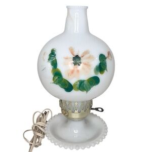 Vintage 60's Peach Floral Hand Painted Milk Glass Hurricane Electric Lamp 12"